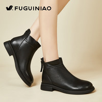 国家补贴：富贵鸟 真皮羊皮短靴女士秋冬加绒保暖时装靴圆头粗跟女靴 黑色加绒 37