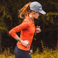 QINKUNG呼吸方格交叠领长袖T恤马拉松运动跑步训练速干秋冬衣服女款上衣 珊瑚橘 S