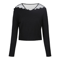 S.DEER圣迪奥女装上衣打底衫优雅V领蕾丝花边拼接黑色针织衫S22183514 黑色/91 S 160