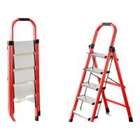 艾瑞科梯子家用折叠梯人字梯铝合金踏板加厚室内外装修多功能梯楼梯 加厚铝合金踏板复古红五步梯