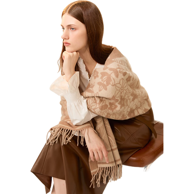 ELLE 她 100%绵羊毛围巾女秋冬季户外保暖时尚提花围脖披肩礼盒装