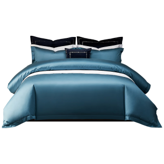 今日必买：康尔馨 四件套 五星级酒店100支贡缎新疆长绒棉 典雅蓝+浅灰色 1.5m 床单款 （被套200*230cm）