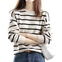 女士百搭条纹拼色针织衫圆领落肩毛衣套头打底内搭上衣