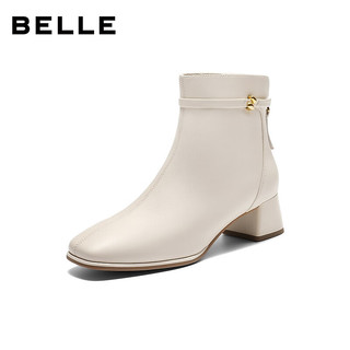 百丽（Belle）气质羊皮时装靴女2025冬高跟通勤优雅短靴3LI44DD5 米白色-单里 37