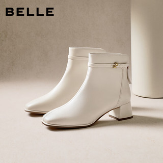 百丽（Belle）气质羊皮时装靴女2025冬高跟通勤优雅短靴3LI44DD5 米白色-单里 37