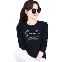 真维斯（JEANSWEST）t恤女纯棉白色女装2022秋季t恤上衣女士印花打底衫黑色L L（106-120斤） 彩羽-黑色长T