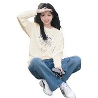 班尼路纯棉长袖t恤女装春秋宽松休闲女生上衣服百搭潮流内搭打底衫3 杏#BL蓝棕涂鸦花 XL