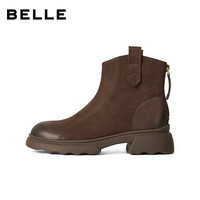百丽(Belle)复古擦色时装羊皮靴女2025冬真皮粗跟短靴E5S1DDD5 啡色-薄绒 41