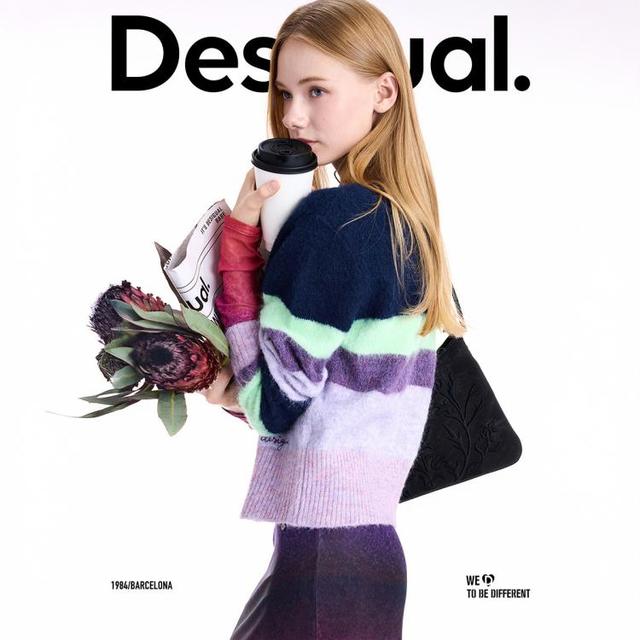 Desigual 博主同款 女士针织开衫 羊毛混纺条纹拉毛