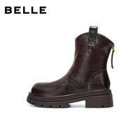 百丽（Belle）复古弹力靴女25冬商场款粗跟增高显瘦弹力短靴E5E1DDZ5 啡色-宽版 34