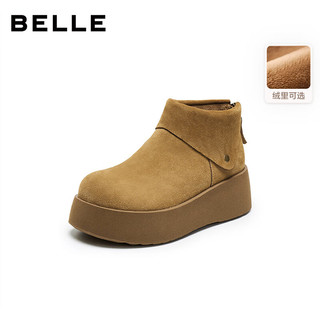 百丽（Belle）复古绒面勃肯鞋女2025冬厚底加绒休闲短靴E6F1DDD5 棕色-厚绒 39