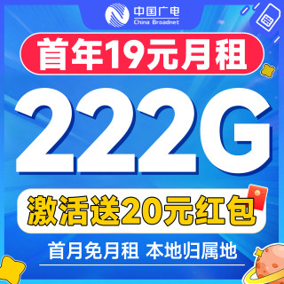 中国广电 本地归属地 首年19元月租（可办副卡+222G通用流量+首月免费用）广智卡+畅享5G不限网速