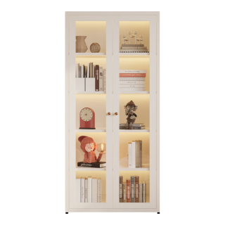 盛耐 钢制书柜玻璃门防尘书架收纳柜子铁艺置物柜客厅储物柜家用展示柜 白色双门1.8米70宽钢化玻璃款