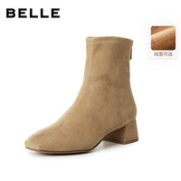百丽(Belle)画廊假日复古弹力靴女2025冬新气质粗跟增高瘦瘦短靴BBWB1DZ5 棕色-绒里 33