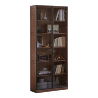 源氏木语实木书柜简约现代书房家具橡木置物柜客厅带玻璃门展示柜 胡桃色双门金属边框0.85m