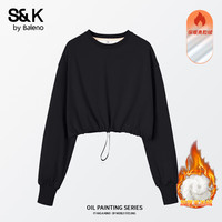 班尼路（Baleno）S&K系列卫衣重磅奥粒绒保暖上衣服秋冬华夫格牛奶丝连帽卫衣 黑#纯色 【加绒抽绳短圆卫】 XL