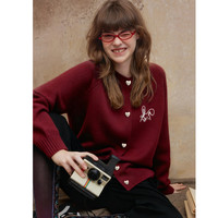 唐狮（TonLion）【关晓彤同款】2025秋冬女圆领净色爱心钮扣开衫毛线衫针织衫外套