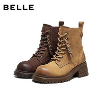 百丽（Belle）张凌赫周雨彤同款小野马擦色工装靴女冬商场短靴E5C1DDD5 黄色-宽版 38