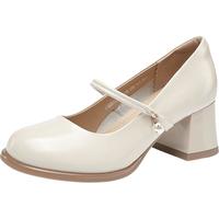 意尔康小皮鞋女法式玛丽珍鞋粗跟单鞋百搭增高女鞋 26868W 米白 38 