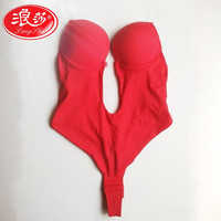 浪莎（LangSha）晚礼服镂空露背文胸透明隐形肩带蕾丝塑身束腰一体连体内衣聚拢美 光面款红色 XL 38码