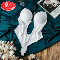 浪莎（LangSha）晚礼服镂空露背文胸透明隐形肩带蕾丝塑身束腰一体连体内衣聚拢美 光面款白色 L 36码