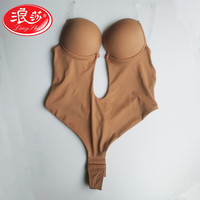 浪莎（LangSha）晚礼服镂空露背文胸透明隐形肩带蕾丝塑身束腰一体连体内衣聚拢美 光面款咖啡色 3XL 42码