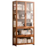 木马人书柜现代简约带门防尘格子柜实木书架窄柜置物组合落地立柜储物柜 【三面透明】茶色-五层80长