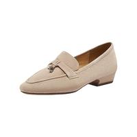 百思图2025春简约通勤尖头乐福鞋小皮鞋方头女单鞋BN366AA5 杏色 34