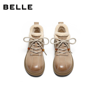 百丽（Belle）牛皮复古可爱大头休闲靴女2025冬厚底短靴E5D2DDD5 杏色-毛里 37