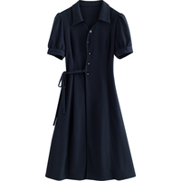 初语 夏款系带收腰休闲中长裙女泡泡袖高级连衣裙