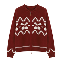 Basic House/百家好新年慵懒风撞色双拉链毛衣开衫小个子秋冬针织外套 红色 M