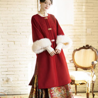 罗袖动香 红色绣花大衣汉元素拜年服敬酒服女秋冬国风 加长款