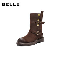 百丽（Belle）周雨彤同款西部派对马丁靴女25冬新厚底商场休闲短靴E7Z1DDZ5 啡色-绒里 35