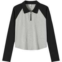 森马（Semir）POLO衫女短款拼色插肩袖2024秋季修身上衣101524115003 灰黑色调00329