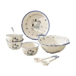 CERAMICS 可爱卡通碗碟套装家用陶瓷盘子碗筷勺子手柄碗一二人食餐具