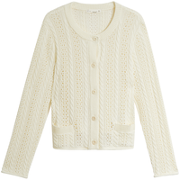 茵曼（INMAN）简约通勤绞花镂空针织开衫2026春季女装圆领显瘦毛衣外套 米白色 S