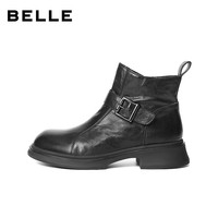 百丽(Belle)黑巧靴抓皱牛皮时装靴女2025冬切尔西短靴E8P1DDD5 黑色-薄绒 34