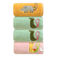 三利儿童毛巾纯棉家用吸水速干洗脸男童女童可爱卡通柔软宝宝擦手方巾 绿色*2+黄色+粉色 4条