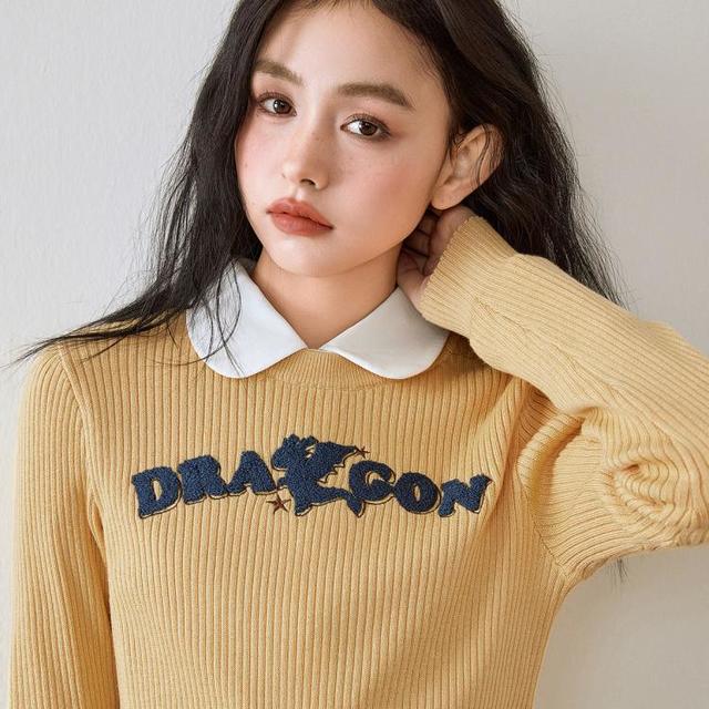 LEDIN 乐町 短款修身毛针织衫女春秋款显高显瘦字母毛巾绣俏皮毛衣