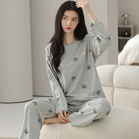 芬腾睡衣女100%纯棉2025秋柔软亲肤圆领套头家居服休闲外穿套装 灰色 L