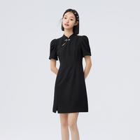裙子女生夏款开叉立领修身肌理短裙连衣裙女