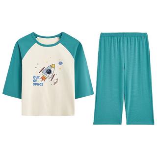 MQD 马骑顿 童装儿童睡衣男孩夏款纯棉空调服女童春秋男童全棉家居服女孩套装 豆蓝白熊 150/75