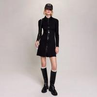 MAJE 冬季女士气质修身小香风时尚皮料拼接长袖针织连衣裙短裙