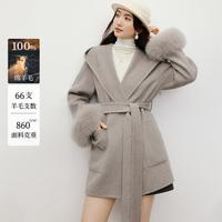 红袖 2025冬季女装100绵羊毛系带毛边一体式连帽双面呢大衣