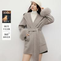 保暖服饰：HOPESHOW 红袖 2025冬季新款女装100绵羊毛系带毛边一体式连帽双面呢大衣