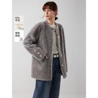 ELLE 保暖舒适毛绒外套2025年秋季轻奢高级感大口袋全羊毛大衣