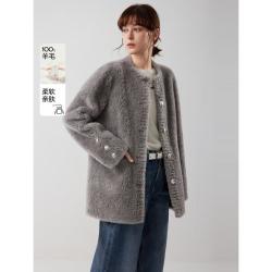 ELLE 她 保暖舒适毛绒外套2025年秋季新款轻奢高级感大口袋全羊毛大衣