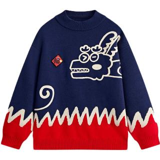 马骑顿 童装男大童23冬涂鸦时尚半高领针织衫 藏青 110cm
