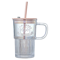 LOVWISH 乐唯诗 NERVISHI）玻璃杯熊猫浮雕带把玻璃水杯果汁杯咖啡杯啤酒杯 带盖带吸管