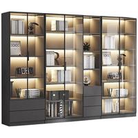 财祥书柜带玻璃门展示酒柜轻奢家用客厅一体整墙到顶书架实木手办 120cm双门三抽 轻奢灰 【送装入户】